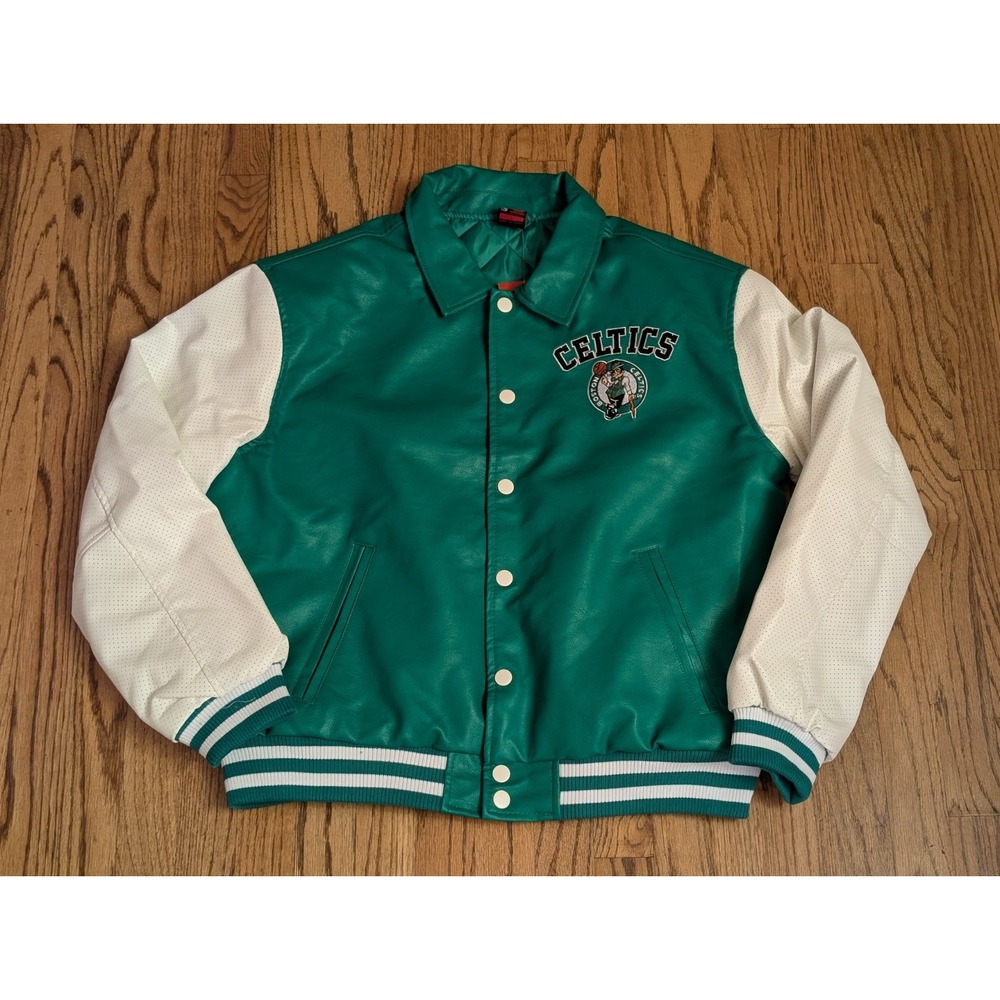 Boston Celtics Faux Leather Jacket, Men's Medium, Ultra Game Green & White, NBA